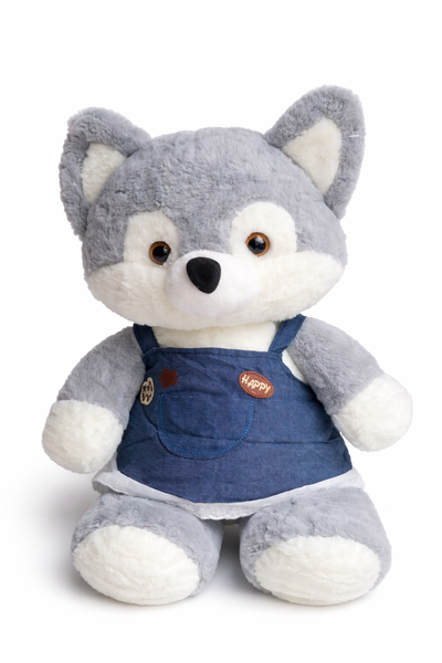 Cute Soft Husky Wolf Plust Toy with a Denim Dress - 50cm