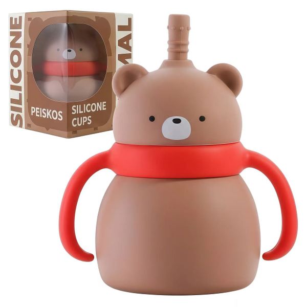 PEISKOS 300ml Animal Silicone Cup with Straw &amp; Handles for Baby Toddler