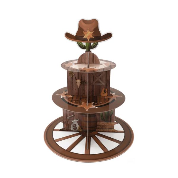 3-Tier Western Cowboy Theme Birthday Cupcake Stand - Brown