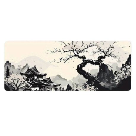 Japanese Zen Art Mousepad - Cherry Blossom & Pagoda Design Image