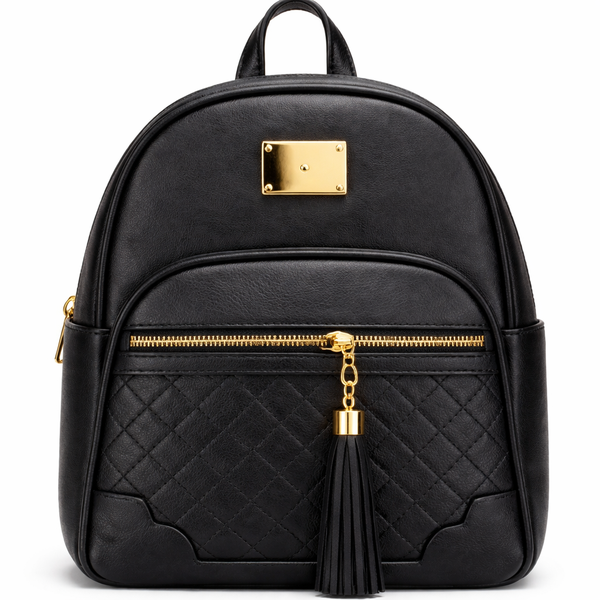 Women's PU Leather Backpack with Quilted Front Pocket and Tassel Zip Accent