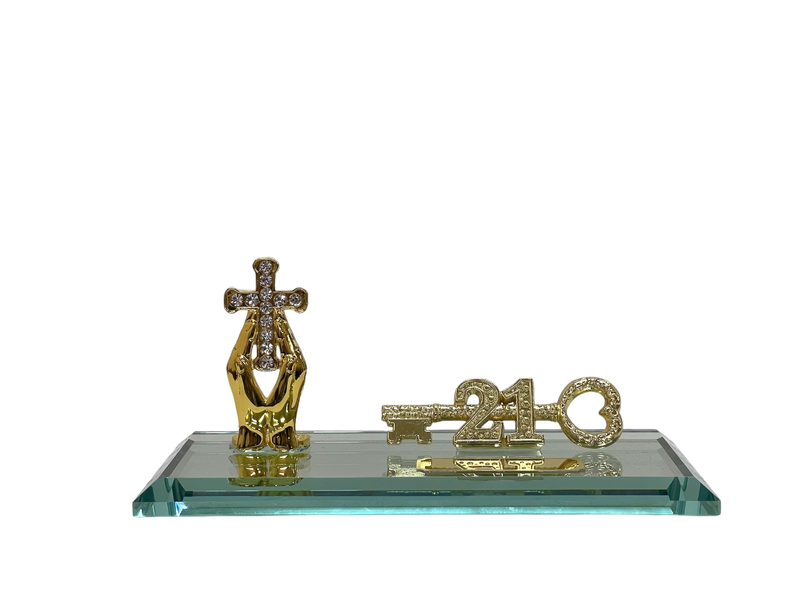 Diamante Cross in Praying Hands 21st Key On a Glass Mirror Base