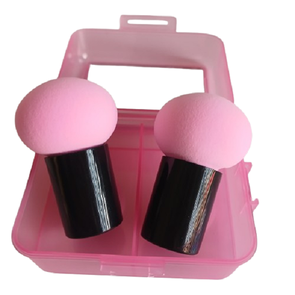 Set of 2 Mushroom head make up sponges in storage box with mirror