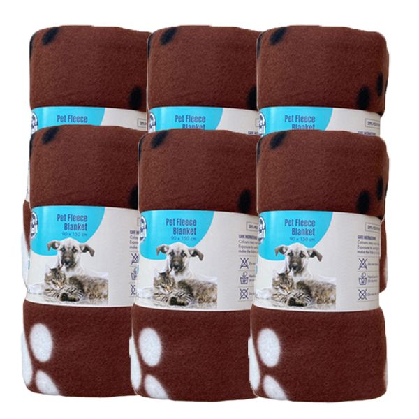 Pet Mall Pet Fleece Blanket Brown Paw Print (76 x 100cm) - 6 Pack