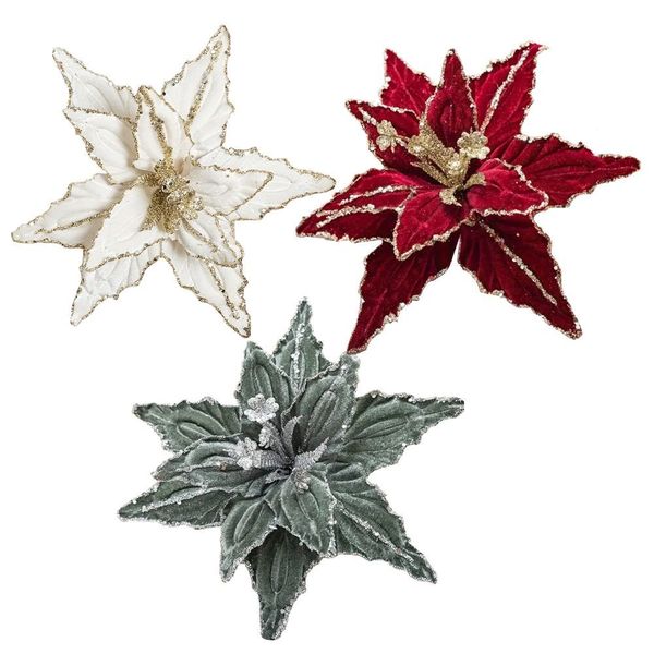 Craft Christmas Velvet Artificial Poinsettia Glitter Flowers 3pc - 26cm