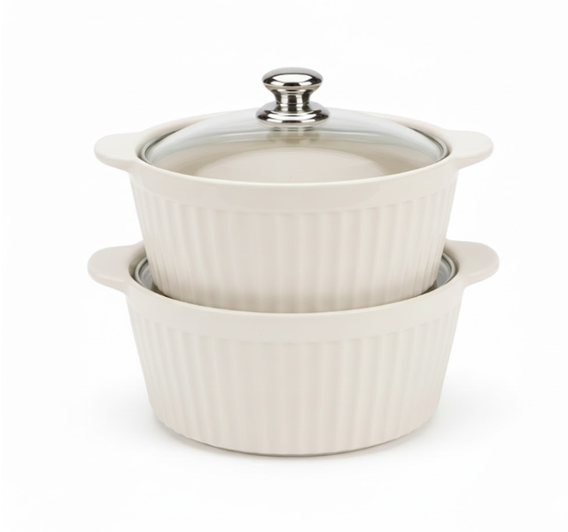 2-piece Ceramic Serving Bowl Set with Tempered Glass Lids &amp; Side Handles