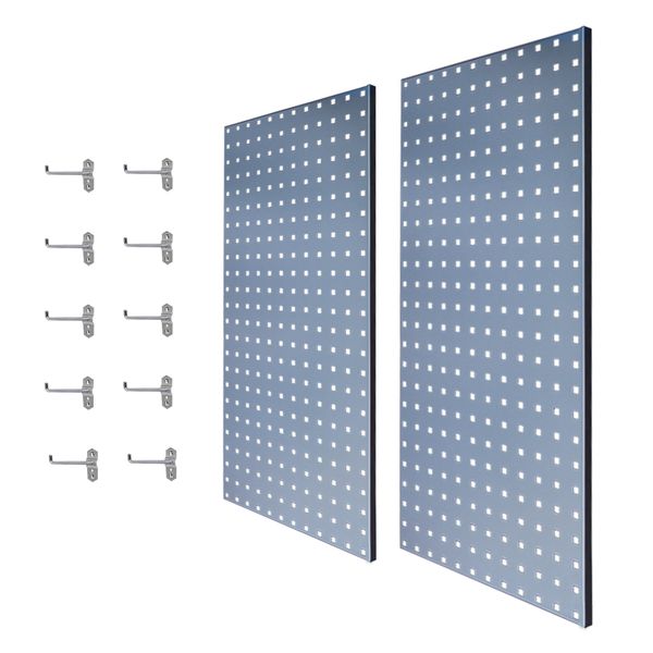 Large Wall Mounted Steel Pegboard Panels &amp; 10 Hooks Set - 2 Piece