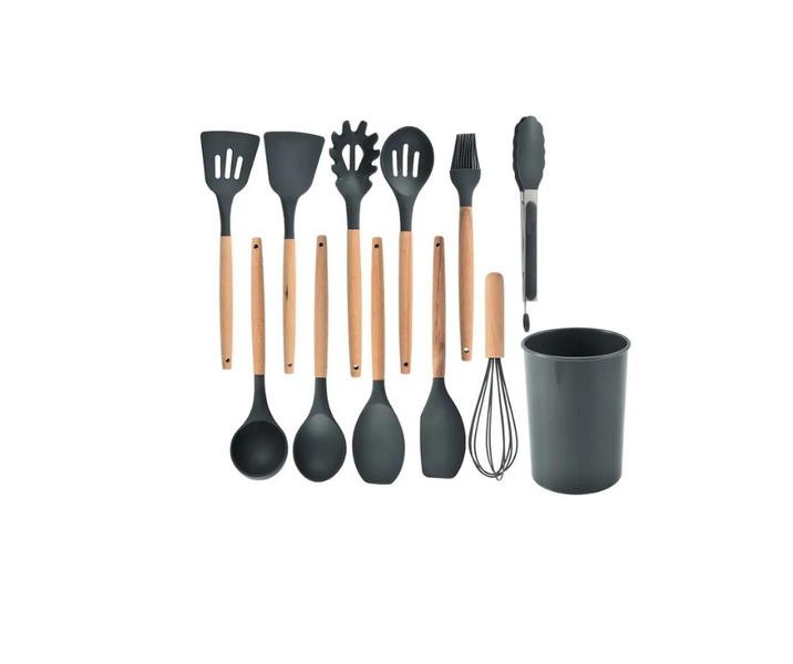 12 Pieces Kitchen Silicone Utensil Set Wooden Handle in Round Barrel Holder