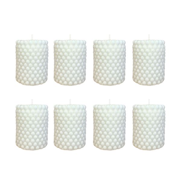 Long Burn Dotted White Pillar Candle 7.5cm x 6.5cm - 8 Piece