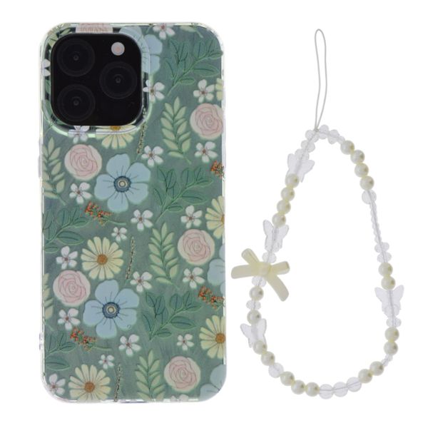Shimmer Floral Phone Case With Pearl Charm Strap - Compatible With iPhone