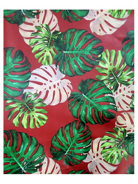 Red Vinyl tablecloth, greens/white tropical leaves (6-8 seater) 137x240cm