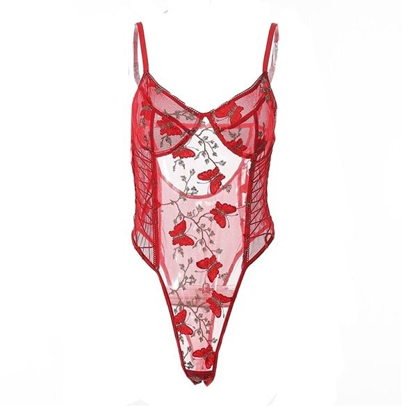 Women Red PEmbroidery Mesh Lace Up Lingerie Bodysuit cosplay