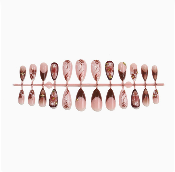 Reusable Handmade Gel Press-On Nails - Pink Floral Swirl Almond24pcs