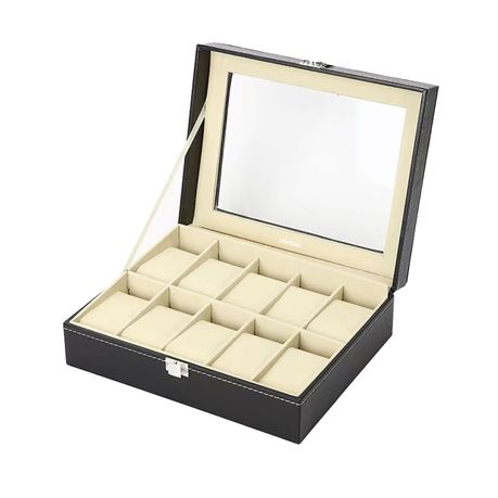 Mix Box 10 Slot Compartment PU Leather Watch Display Box- Black Image
