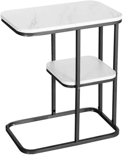 2 Tier Side End Table C-Shaped Small Coffee Table Living Room-Black Marble