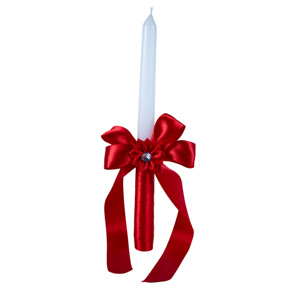 Christening Candle with Satin Bow and Jewel - Red, White - 25cm
