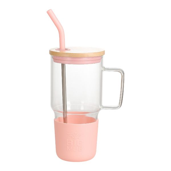 2 Pack 1000ml Glass Mug with Bamboo Lid &amp; Straw
