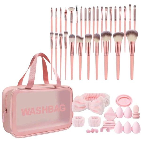 55Piece - Makeup Brush &amp; Beauty Tool Set With Storage Bag - Rose Gold/Pink