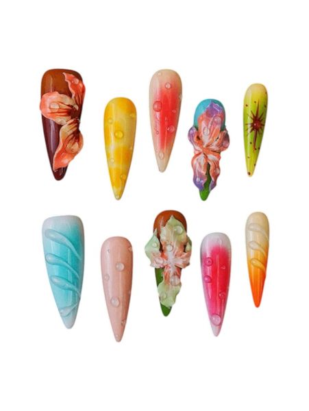 10 Piece - Tropical Bloom Almond Press-On Nails With 3D Art - Multicolor
