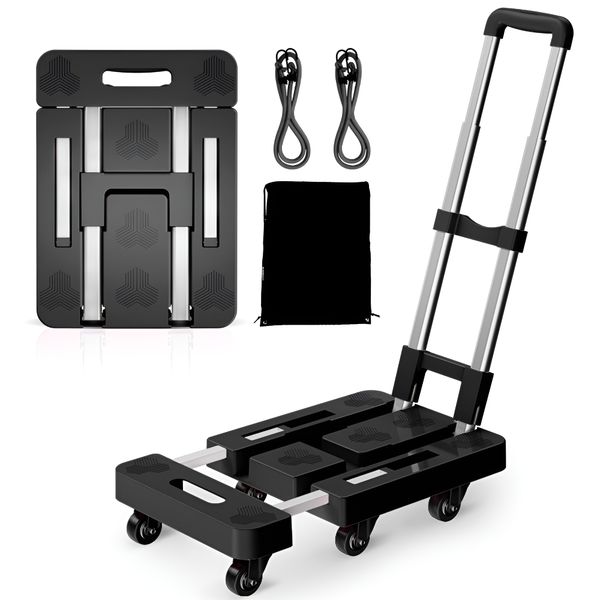 Folding Aluminum Cart with 6 Wheels and Extendable Base - Black