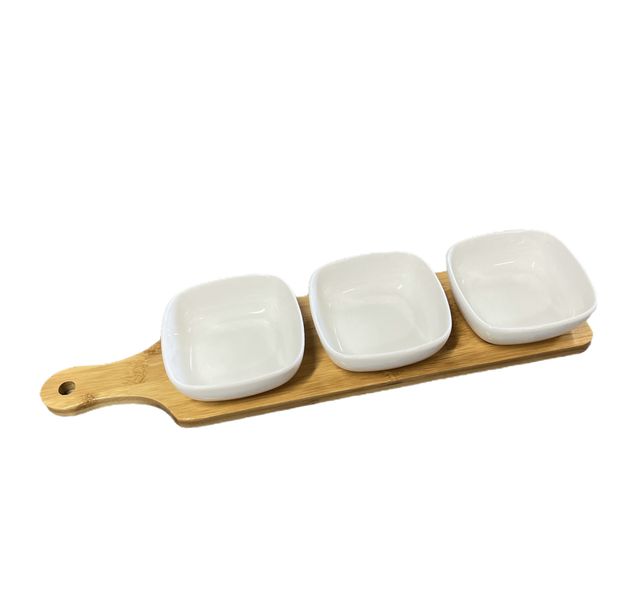 Set of 3 Snack Bowls Dip Bowls With Wood Paddle Serving Tray