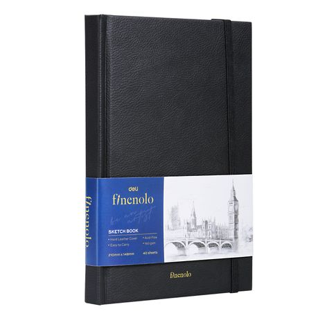 Deli Finenolo A5 Black Cover Sketch Book Acid Free 160gsm 40 Sheets Art Image