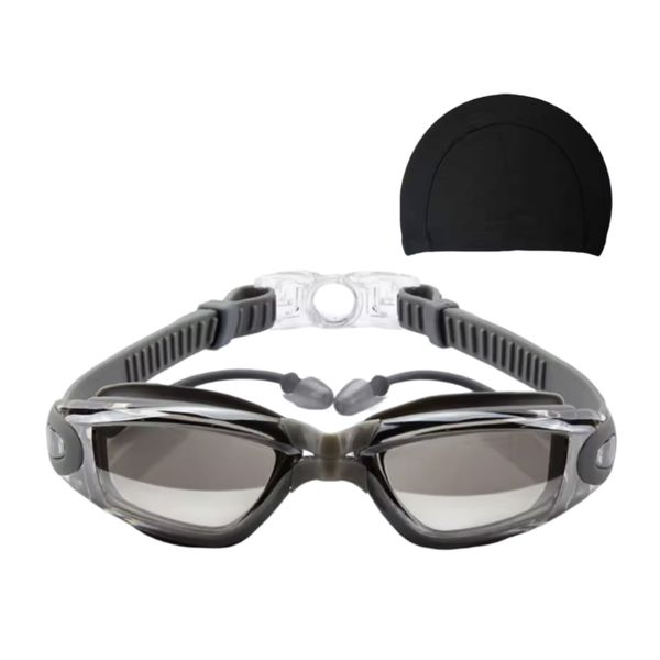 HD Lens Anti-fog Swim Goggles and Cap - Grey