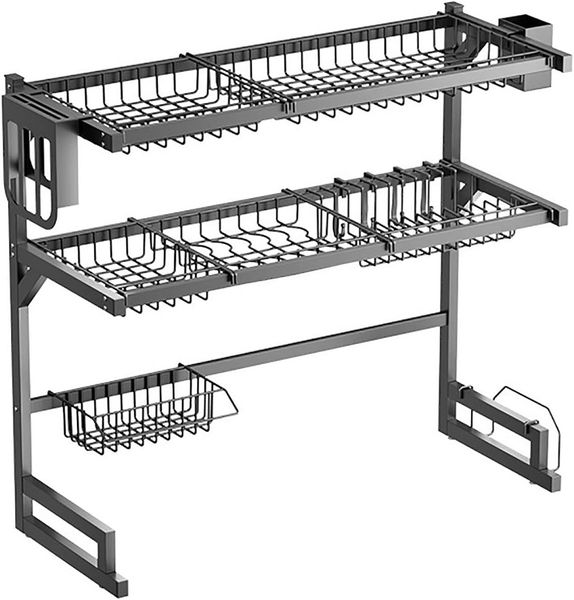 2-Tier Stainless Steel Drying Rack with Utensil Holder-65cm