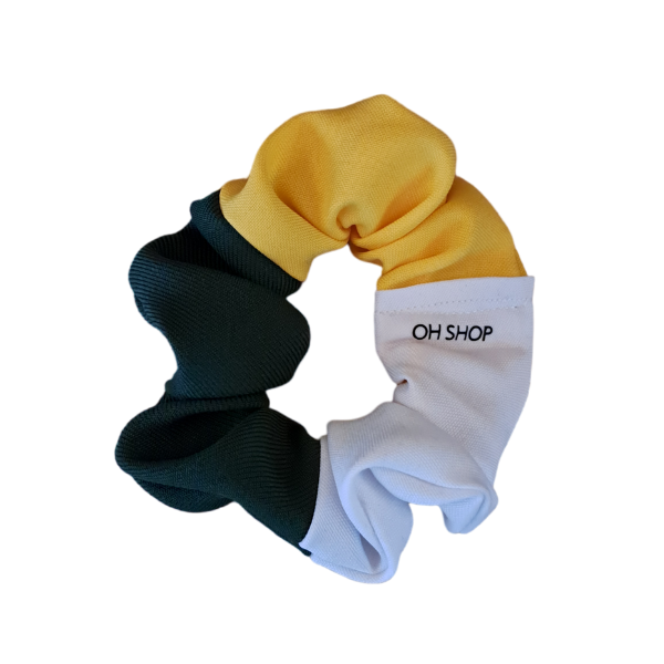 Single Linen Hair Scrunchie - Green, Yellow and White - Bokke