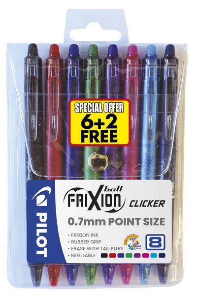 Pilot Frixion Ball Clicker Erasable Medium Rollerball Pens - Wallet of 8