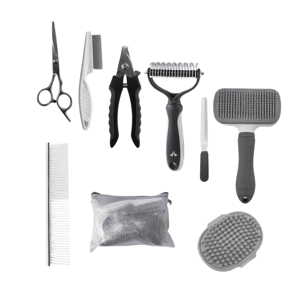 ALANES 9 Pieces Pet Grooming Brush Set Cats Dogs Nail Clipper -Grey
