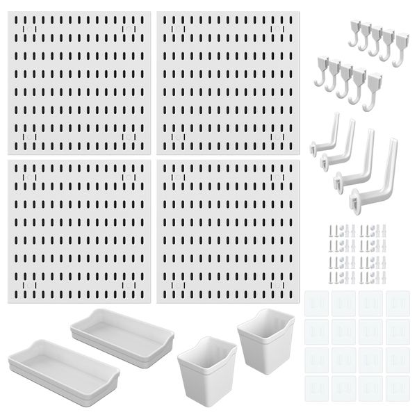 Pegboard Set 02: 4-Piece White Square Pegboards and Accessories