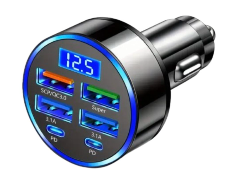 6-in-1 Fast Car Charger with USB-C, Dual PD and QC3.0 - Voltage Display