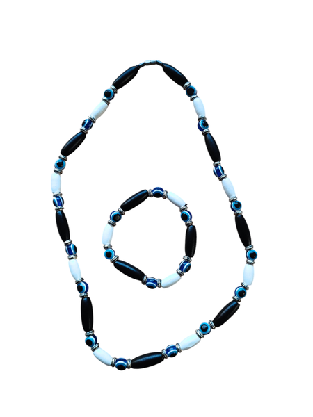 Evil Eye necklace and bracelet set Black, Blue, White