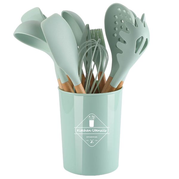 Kitchenware Kit Silicone Cookware Set Wood Handle Cooking Utensils Green