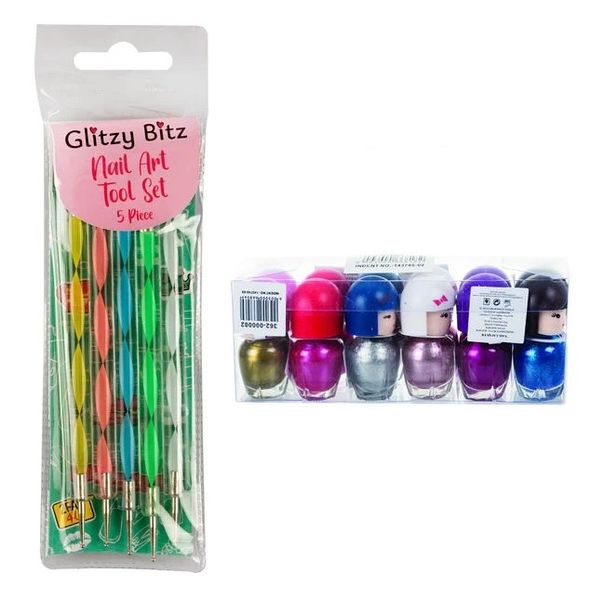 Nail Art Kit - Dotting Tool Set 5 Piece + 12 Piece Nailpolish Figurine 8ml