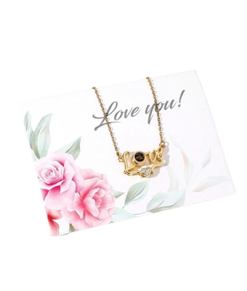 Minimalist Copper &amp; Cubic Zirconia Love You Projection Pendant Necklace