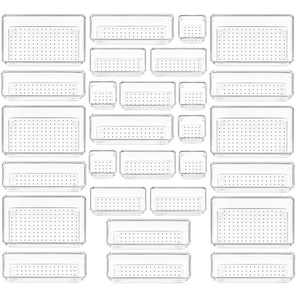 28 PCS Clear Plastic Drawer Organizers Set 4-Size Acrylic Storage Bins