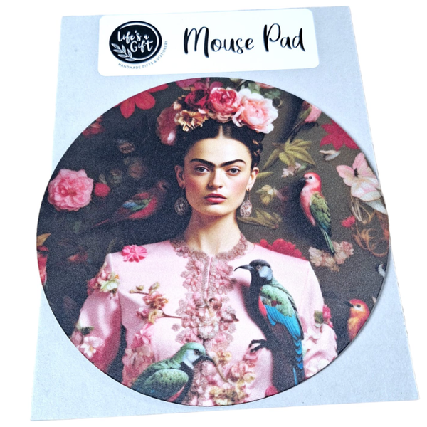 Round Mouse Pads 20 cm - Frida Kahlo with Blooming Flowers &amp; Birds