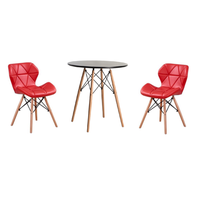 Wooden Round Dining Table with 2 Soft Padded PU Leather Chairs - Red