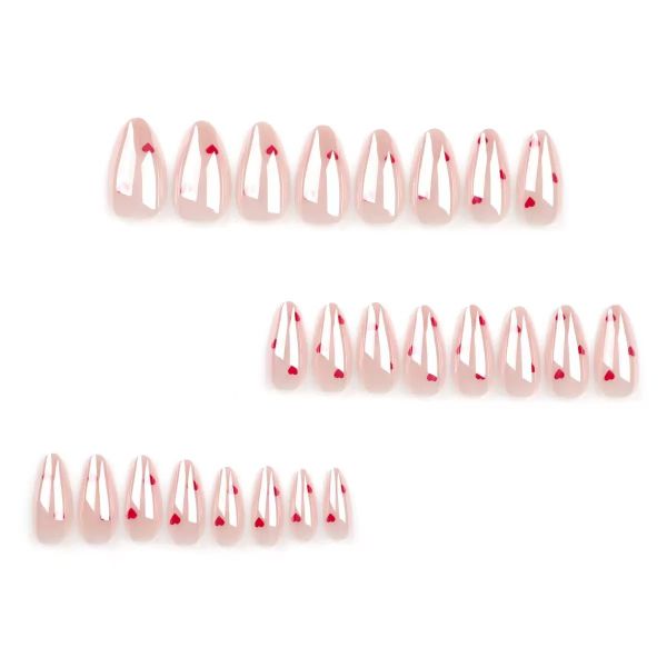 Chrome Pink Press On Nails Short Almond Fake Nails, Red Heart Patterns