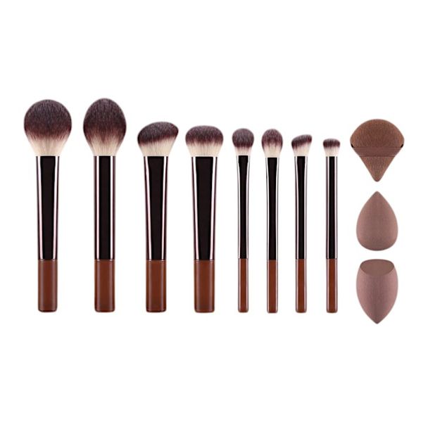 11 Piece Makeup Brush Set With Beauty Blender Sponges &amp; Powder Puff - Brown