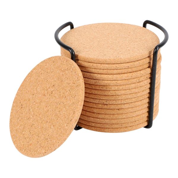 Cork Coasters Round 16Pc With Metal Holder Storage Caddy - 1/5Inch