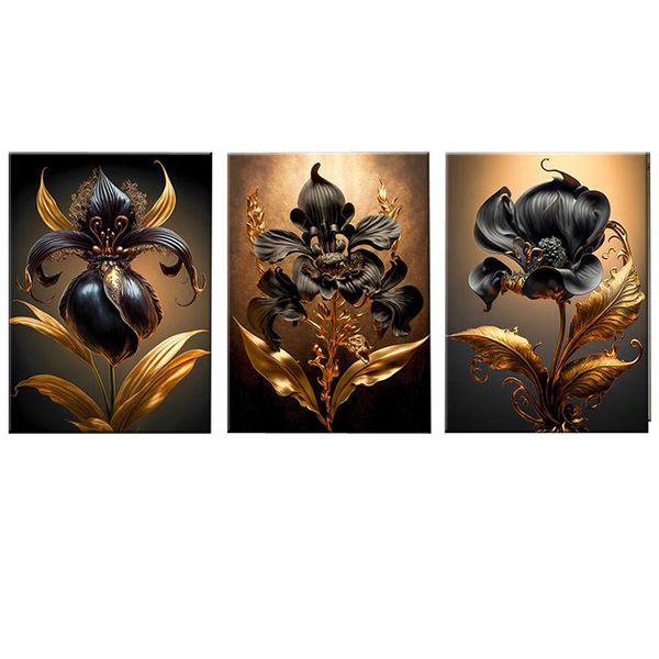 Canvas-Art-3 Pieces Black &amp; Bronze Elegant Flower Deco Wall Art