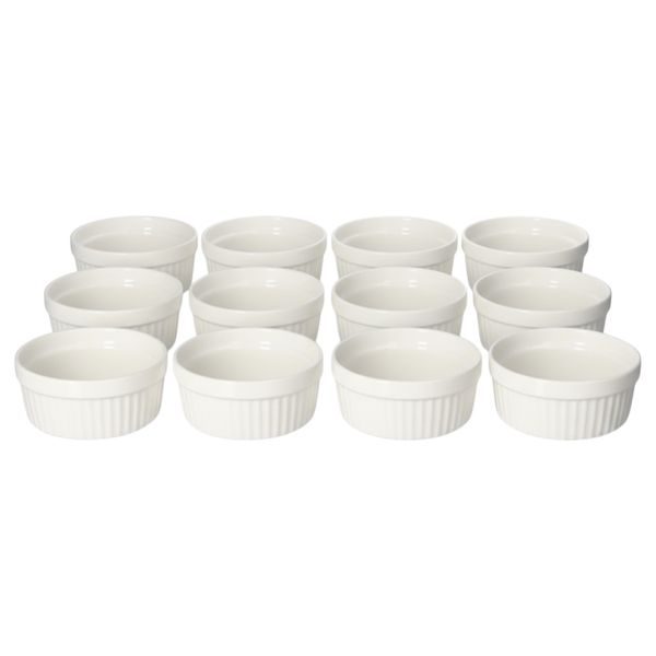White Porcelain Ramekins Set of 12-Classic Ribbed Dessert and Baking Bowls