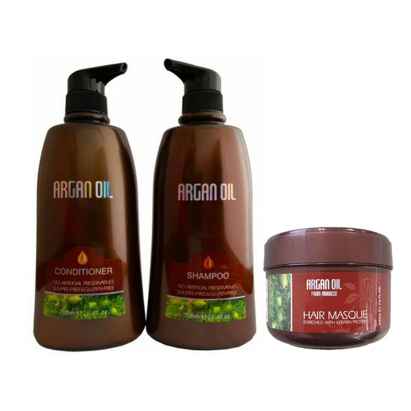 Argan Triple Pack - 750ml Shampoo - 750ml Conditioner - 200ml Hair Masque