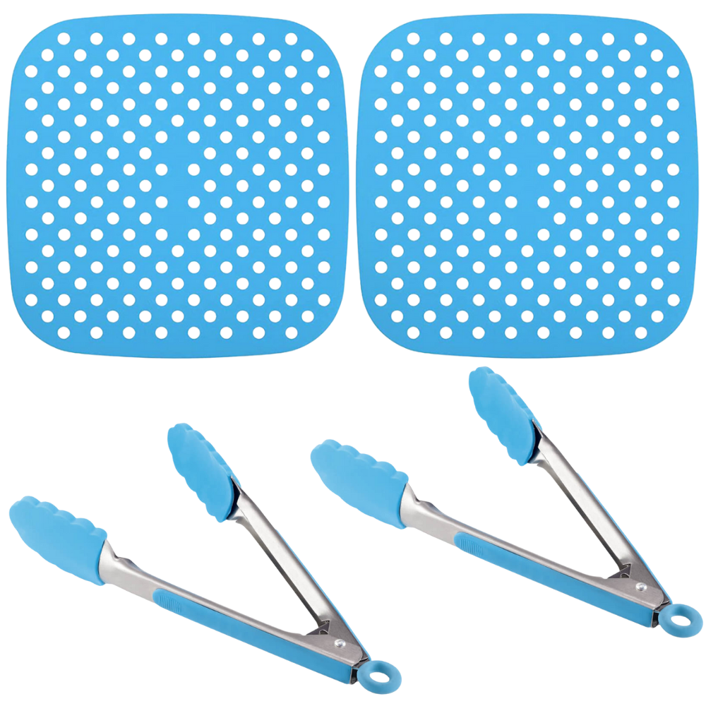 Square Silicone NonStick Air Fryer Mat Liner Blue 2 Mat and 2 Tong