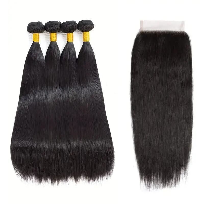 Brazilian Straight Human Hair Bundles With Closure 4x4 T Part Lace