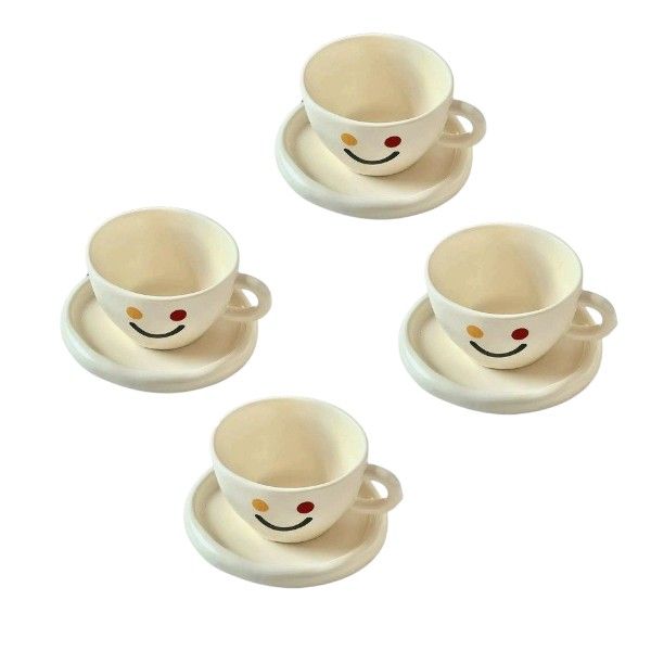 4 Pack 300ml Creative Smiley Ceramic Cup and Saucer Set - Cream