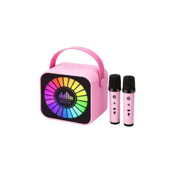 Portable RGB Bluetooth Karaoke Speaker with Dual Wireless Microphone - Pink